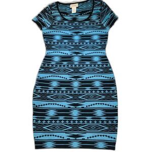 Fiancee Blue Dress women bodycon short sleeve dress with geometric print size S